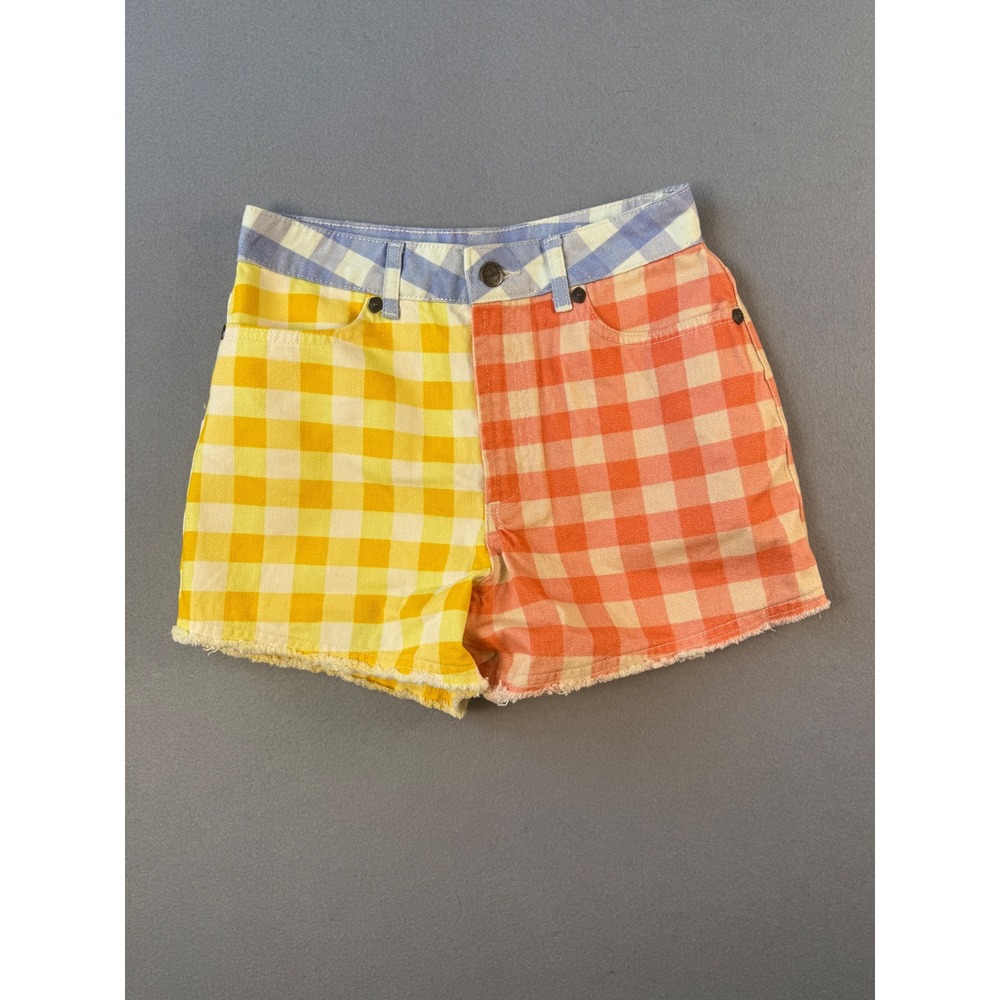 Farm Rio for Anthropologie Gingham Colorblock Denim Shorts Yellow Orange XS NEW - Picture 2 of 8